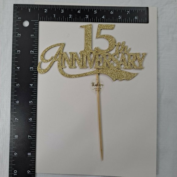 15th Anniversary Wedding Cake Topper Gold Sparkle - Picture 3 of 5